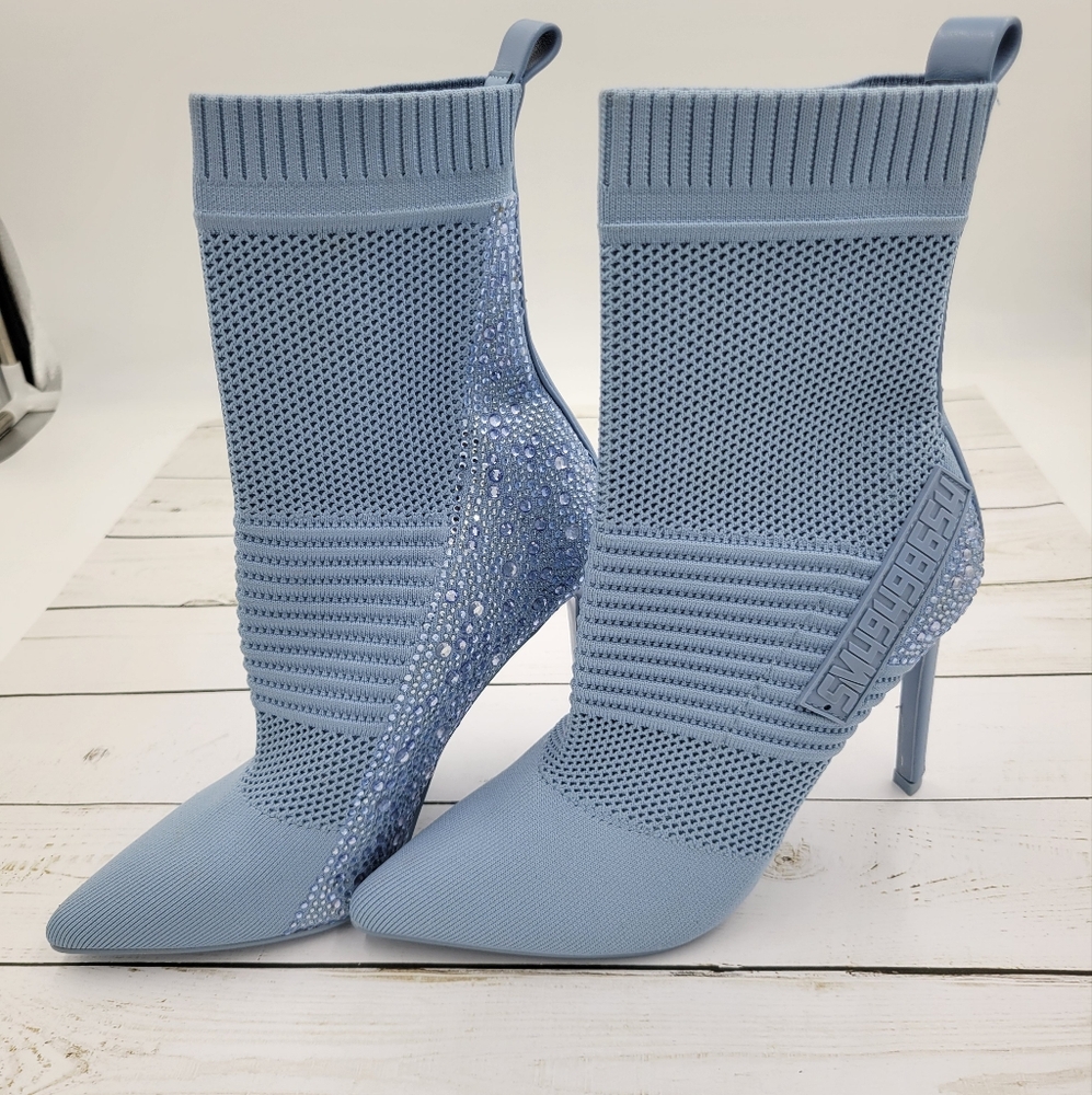 Steve Madden Light Blue Knit Sock Booties with Embellished Heel